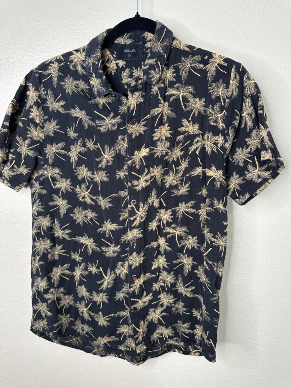 Rolla's Mens Black Palm Tree Print Button-Up Short Sleeve Shirt Small Cotton